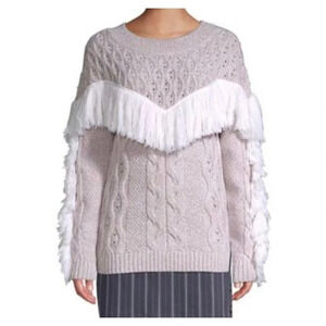 Amur Ulla Women's Size Large White Fringe Tan Cable Knit Wool Sweater v6x